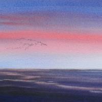 Art greetings card of geese flying over the beach at sunset