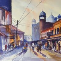 Art greetings card of market scene in Agra India