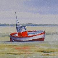 Art greetings card of a red boat at Thornham, Norfolk