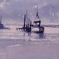 Art greetings card of boat moored at Thornham at high tide