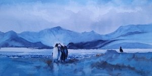 Watercolour painting of king penguins in Antarctica