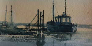 Watercolour painting of fishing boat at Thornham Norfolk