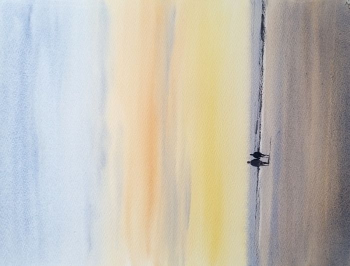 Painting of two figures on a beach