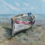 watercolour painting of ruined boat on north norfolk coast