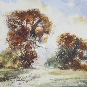 watercolour painting of autumn trees in west norfolk field