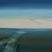 watercolour painting of geese flying over norfolk marshes