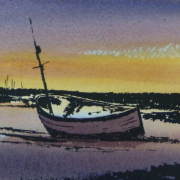 watercolour and ink painting of boat at sunset