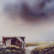 watercolour painting of old bird watching hide