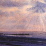 watercolour painting of sun behind clouds at heacham beach norfolk