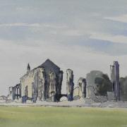 pen and wash painting of binham priory