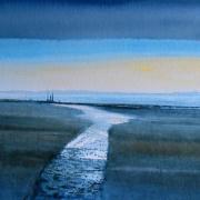 watercolour view of dawn at morston creek norfolk