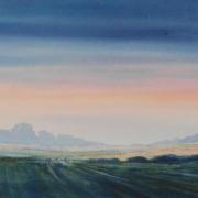 watercolour painting of norfolk fields at sunset