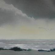 painting of geese flying over norfolk marshes