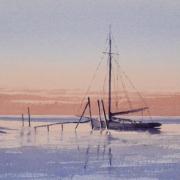 watercolour painting of high tide at thornham harbour norfolk
