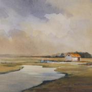 watercolour painting of high tide at thornham harbour norfolk