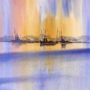 watercolour painting of fishing boats at sunset boal quay kings lynn