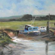 oil painting of boats moored at thornham norfolk