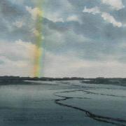 watercolour painting of a rainbow over coast