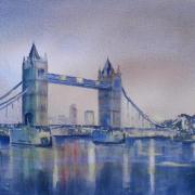 watercolour painting of evening at tower bridge
