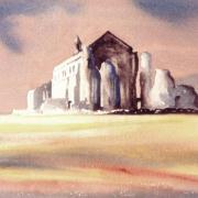 watercolour painting of sunset at binham priory norfolk