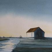 watercolour painting of evening at thornham coal barn