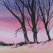 watercolour and ink painting of three trees at sunset
