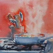 watercolour of cooking pan on the hob
