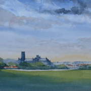 watercolour painting of a big sky over Ely Cathedral