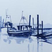 monochrome watercolour painting of boats at thornham norfolk