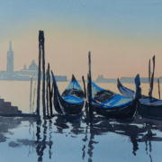 watercolour painting of view of dawn in venice lagoon