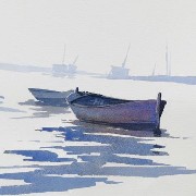 watercolour painting of misty day burnham overy staithe