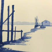 watercolour painting of thornham harbour coal barn