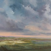oil painting of rainclouds over burnham overy marshes, norfolk