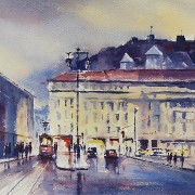 watercolour of Lisbon on a rainy evening