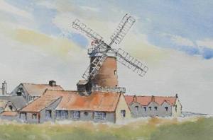A pen and wash painting of Cley Windmill, Norfolk